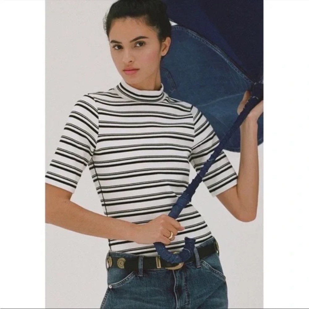 Maeve Striped High-Neck Half Sleeve Top
